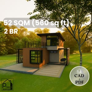 Nowoczesny dom z 2 sypialniami, tarasem na dachu i werandą – 559 stóp kwadratowych Plan domu – zestaw układów i plik CAD – natychmiastowe pobranie 52 m²