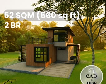 Casa moderna de 2 dormitorios con terraza en la azotea y porche – Plano de casa de 559 pies cuadrados – Kit de diseño y archivo CAD – Descarga instantánea 52 m²