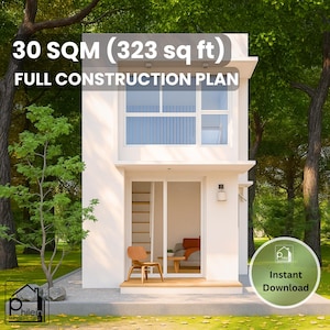 Plano de construcción completo para minicasa de 30 m² - 1 dormitorio con área de oficina - Descarga instantánea