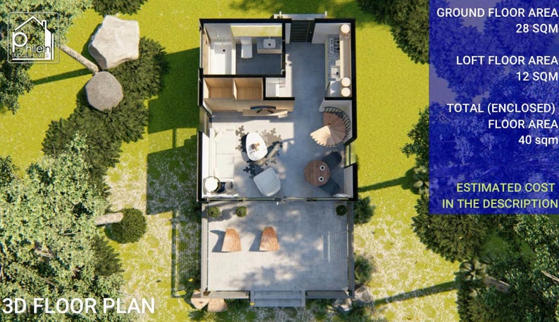 May include: A 3D floor plan of a small house with a ground floor area of 28 square meters and a loft floor area of 12 square meters. The total enclosed floor area is 40 square meters. The image includes text that says "3D FLOOR PLAN".