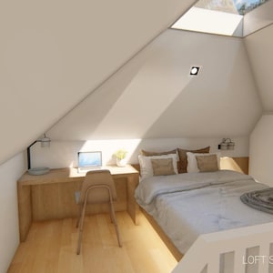 May include: Interior view of a loft bedroom with a desk, chair, and bed. The room has a sloped ceiling with a skylight. The bed has pillows and a blanket. A laptop sits on the desk. The text "LOFT SLEEPING AREA" is visible.