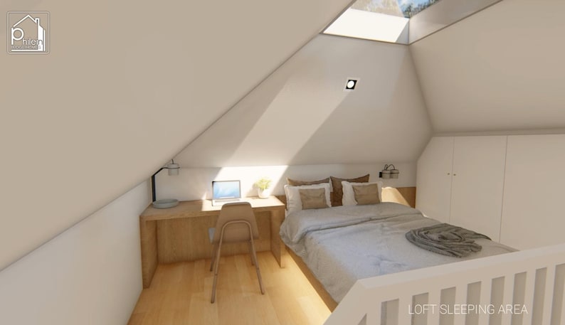 May include: Interior view of a loft bedroom with a desk, chair, and bed. The room has a sloped ceiling with a skylight. The bed has pillows and a blanket. A laptop sits on the desk. The text "LOFT SLEEPING AREA" is visible.