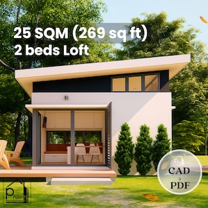 Pode incluir: Um design de loft moderno com o texto "25 SQM (269 sq ft) 2 beds Loft". O exterior apresenta uma fachada branca, acabamentos escuros e um pequeno terraço. A imagem inclui um logotipo com o texto "CAD + PDF".
