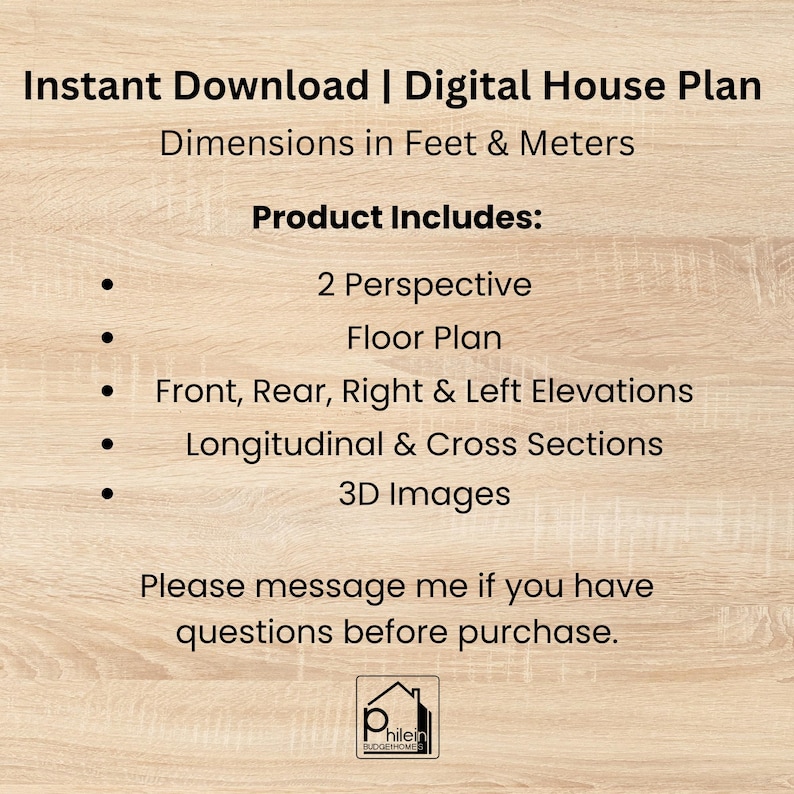 May include: Digital house plan instant download with dimensions in feet and meters. The product includes 2 perspectives, a floor plan, elevations, sections, and 3D images. Contact for questions before purchase.