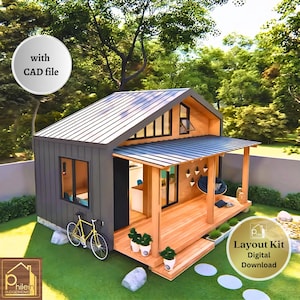 Ruim Tiny House-plan 26 m² met slaapkamer op de vliering en veranda | Plattegrond, hoogteprofielen met CAD-bestand | Direct downloaden