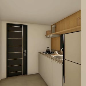 May include: Interior view of a modern kitchen with white cabinets, a stainless steel refrigerator, and a granite countertop. The kitchen features a black stovetop, a small sink, and a wooden shelf. A dark brown door is visible on the left.