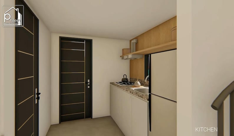May include: Interior view of a modern kitchen with white cabinets, a stainless steel refrigerator, and a granite countertop. The kitchen features a black stovetop, a small sink, and a wooden shelf. A dark brown door is visible on the left.