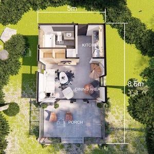 May include: Top-down view of a small house plan, 5 meters wide and 8.6 meters long, with a porch, living area, dining area, kitchen, and bathroom. The house is surrounded by green grass and trees.