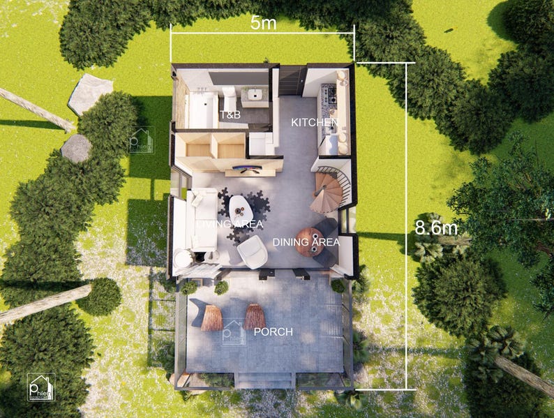 May include: Top-down view of a small house plan, 5 meters wide and 8.6 meters long, with a porch, living area, dining area, kitchen, and bathroom. The house is surrounded by green grass and trees.