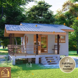Compacte Tiny House-indeling: 25 m² met 1 slaapkamer en veranda | Volledige bouwplanset | Pdf-plattegrond voor kleine woning | Direct downloaden