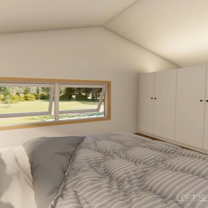 May include: Interior view of a loft sleeping area with a bed, pillows, and a striped comforter. A large window with a wooden frame offers a view of the outdoors. White cabinets and the text "LOFT SLEEPING AREA" are also visible.