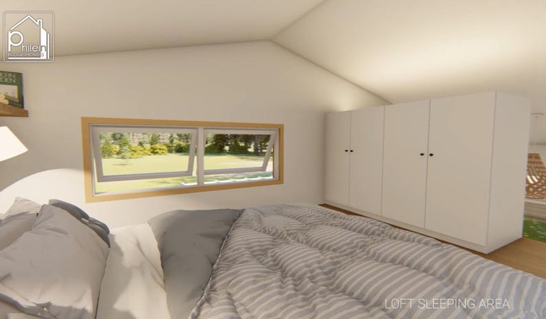 May include: Interior view of a loft sleeping area with a bed, pillows, and a striped comforter. A large window with a wooden frame offers a view of the outdoors. White cabinets and the text "LOFT SLEEPING AREA" are also visible.