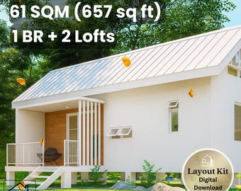 13' x 32' Elevated Cabin Layout Kit - 656 Sq Ft 1 Bedroom + 2 Lofts - Floor Plan Elevations - Instant Download PDF - 61 sqm Tiny House Plan