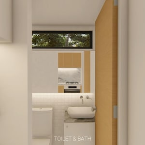 Puede incluir: Representaci&oacute;n arquitect&oacute;nica interior de un ba&ntilde;o y una cocina modernos. El ba&ntilde;o cuenta con un inodoro blanco, un lavabo y una pared alicatada. La cocina tiene armarios de color claro y una estufa. El texto "TOILET & BATH" es visible.