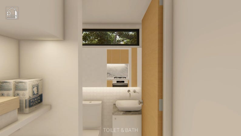Puede incluir: Representaci&oacute;n arquitect&oacute;nica interior de un ba&ntilde;o y una cocina modernos. El ba&ntilde;o cuenta con un inodoro blanco, un lavabo y una pared alicatada. La cocina tiene armarios de color claro y una estufa. El texto "TOILET & BATH" es visible.