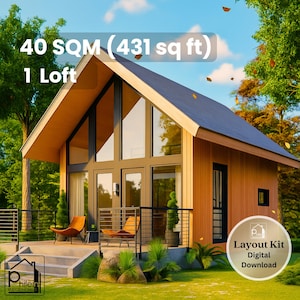 May include: A modern cabin with a loft, featuring large windows and a dark blue roof. The exterior is clad in light brown wood. The image includes text indicating the cabin is 431 sq ft. A digital layout kit is available.