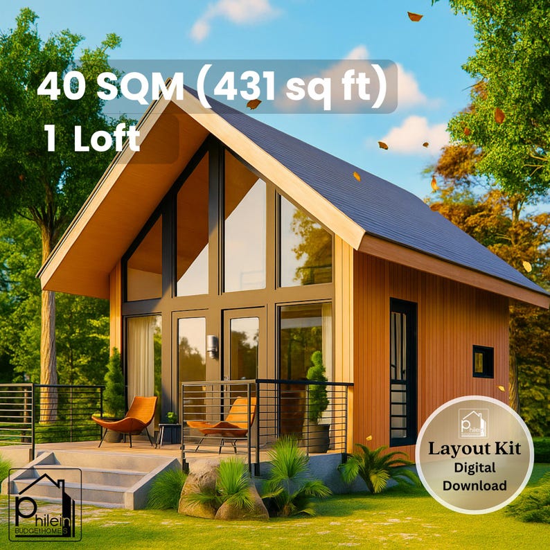 May include: A modern cabin with a loft, featuring large windows and a dark blue roof. The exterior is clad in light brown wood. The image includes text indicating the cabin is 431 sq ft. A digital layout kit is available.