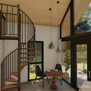May include: Interior view of a modern living and dining area. Features include a spiral staircase with wooden steps and black metal railing, a small round table with two chairs, and large windows offering a view of the outdoors. The text "LIVING & DINING AREA" is visible.