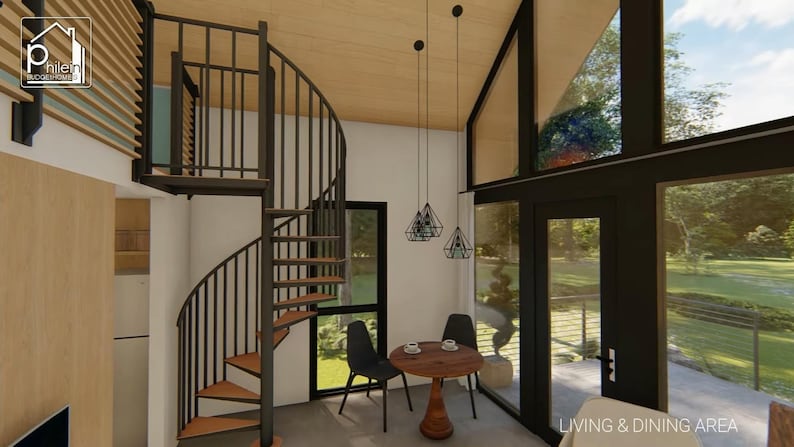 May include: Interior view of a modern living and dining area. Features include a spiral staircase with wooden steps and black metal railing, a small round table with two chairs, and large windows offering a view of the outdoors. The text "LIVING & DINING AREA" is visible.