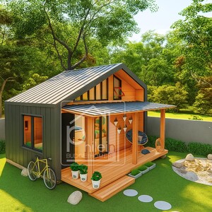 Puede incluir: Una peque&ntilde;a casa moderna con un exterior gris oscuro y un interior de madera clara. La casa tiene un techo de metal, un porche y un peque&ntilde;o jard&iacute;n con una bicicleta. La casa est&aacute; rodeada de &aacute;rboles y vegetaci&oacute;n.