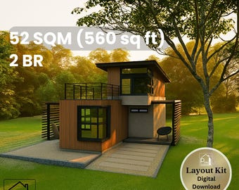 Contemporary 2-Bedroom House Plan with Roof Deck & Lanai – 559 Sq Ft Floor Plan and Elevations – Instant Download 52 sqm