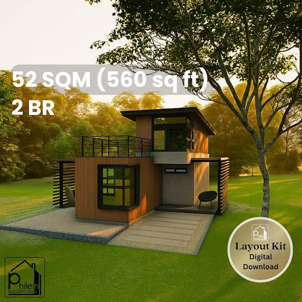 Contemporary 2-Bedroom House Plan with Roof Deck & Lanai – 559 Sq Ft Floor Plan and Elevations – Instant Download 52 sqm