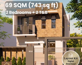 20' x 18' moderne huisindelingskit - 743 vierkante voet, 2 slaapkamers met balkon - plattegrond en hoogtes - pdf direct downloaden - kleine woning 69 m²