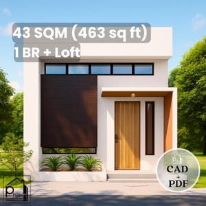 15' x 25' Cassia Modern House Plan with CAD File - 463 Sq Ft 1 Bedroom & Loft - Instant Download PDF - 43 sqm Small Home