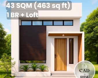 Plano de casa moderna Cassia de 4,5 x 7,6 metros con archivo CAD - 43 m² - 1 dormitorio y altillo - Descarga instantánea en PDF - Casa pequeña de 43 m²
