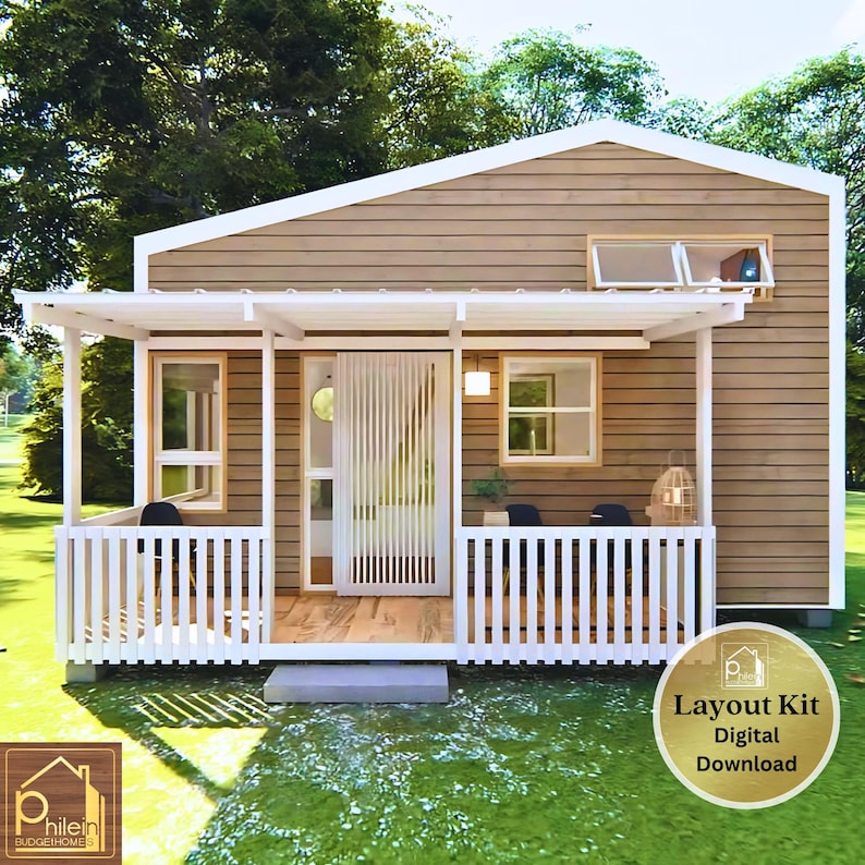 May include: A small, modern tiny house with a brown exterior and white trim. It features a porch with a white railing and a small roof. The image includes the text "Layout Kit Digital Download".