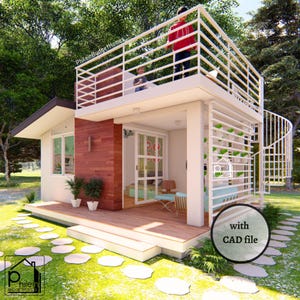 1 ベッドルームと屋上デッキを備えた 20 平方メートルのシンプルな小さな家のプラン - フロアプラン - CAD ファイル付き立面図 - デジタル ダウンロード