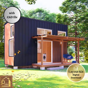 Efficiënte Tiny House 25 m² met dubbele vide en veranda | Basisplattegrond, verhogingen met CAD-bestand | Direct downloaden