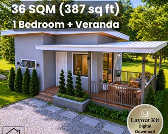 20' x 21' Modern House Plan - 387 Sq Ft 1 Bedroom with Porch & Veranda - Floor Plan Elevations - Instant Download PDF - 36 sqm Small Home