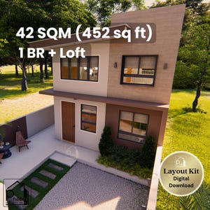 Plattegrond kleine woning: 42 vierkante meter modern huisontwerp, 2 slaapkamers (digitale download)
