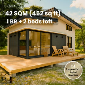 Puede incluir: Dise&ntilde;o de casa peque&ntilde;a moderna con terraza de madera y peque&ntilde;o jard&iacute;n. La casa tiene un techo negro y revestimiento gris oscuro. El texto en la imagen dice: 42 m&sup2; (452 pies cuadrados) 1 dormitorio + 2 camas tipo loft. El texto: Layout Kit Digital Download.