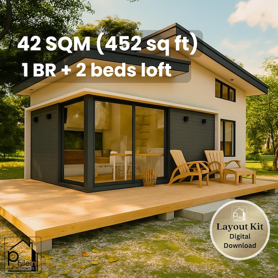 12' x 25' Tiny House Plan – 3 Beds with Open Deck – 452 Sq Ft Floor Plan & Elevations – Instant Download - 42 sqm Small Home