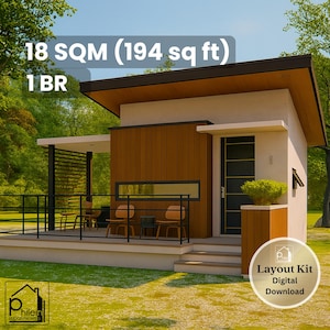 Plattegrond van 194 vierkante voet Tiny House - 1 slaapkamer met veranda - plattegrond en hoogtes - direct downloaden