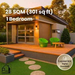May include: A modern one-bedroom house with a flat roof, a wooden deck, and two bright green chairs with a small round table. The exterior features tan walls and a sliding glass door. Text on the image reads 28 SQM (301 sq ft) 1 Bedroom.