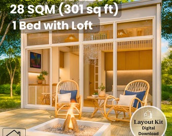 15' x 15' Cabin House Plan with Loft - Floor Plan and Elevations - Instant Download -  28 sqm Tiny Home