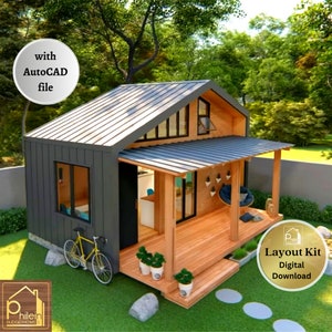 Cute Tiny House Plan (with loft bedroom and porch) | Basic Floor Plan, Elevation Sections with AutoCAD File | Digital Download