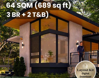Mid-Century Modern House Plan – 3 Bedroom with Lanai and Deck – 689 Sq Ft Floor Plan & Elevations – Instant Download 64 sqm