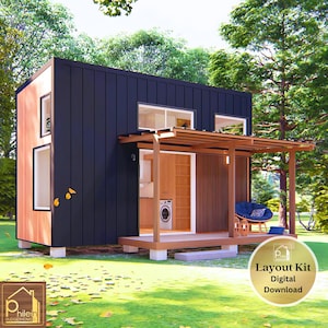 Tiny House-plattegrond met dubbele vide en veranda 25 m² | Digitale download