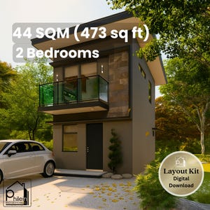 May include: A two-story house with a modern design. The house is painted in a neutral color with a dark roof and trim. The image includes the text "44 SQM (473 sq ft) 2 Bedrooms". A car is parked in front of the house. The image also includes a logo that says "Layout Kit Digital Download".