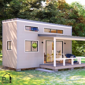 Spacious Tiny House Plan 26 square meter with Loft Bedroom & Front Porch | Basic Floor Plan with Elevation and Sections | Instant Download