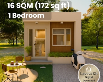Kit d'aménagement pour micro-maison moderne de 4 m x 4 m (13 pi x 13 pi) - 16 m² (172 pi²) - 1 chambre - Plan et élévations - Téléchargement PDF instantané - Plan de mini-maison de 16 m²