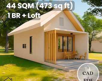 13' x 25' Modern Cabin Plan with CAD File - 473 Sq Ft 1 Bedroom + Loft with Veranda - Instant Download PDF - 44 sqm Tiny House