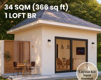 Modern Cabin House Plan with Loft: 34 sq meter (Digital Download)