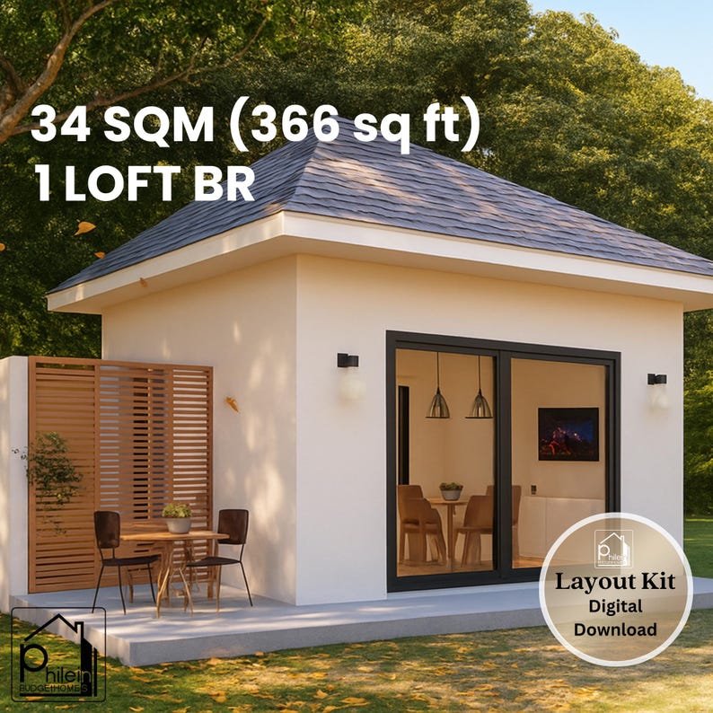 May include: Exterior view of a small, modern building with a dark gray roof. The building has a white exterior and a black-framed glass door. The text "34 SQM (366 sq ft) 1 LOFT BR" is visible. A sign reads "Layout Kit Digital Download".