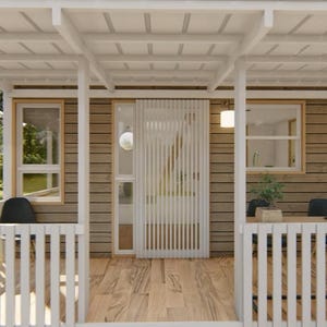 May include: A detailed architectural rendering of a porch with a white pergola and railing. The porch features wooden flooring and a wooden exterior wall. The scene includes windows, a hanging light, and decorative lanterns, creating a welcoming outdoor space.