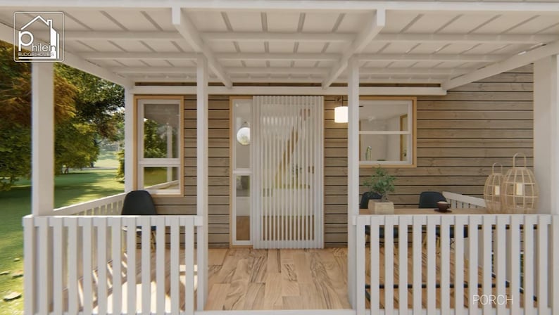 May include: A detailed architectural rendering of a porch with a white pergola and railing. The porch features wooden flooring and a wooden exterior wall. The scene includes windows, a hanging light, and decorative lanterns, creating a welcoming outdoor space.